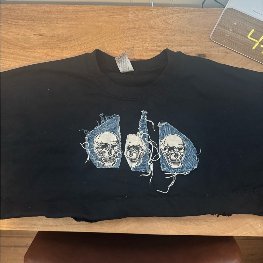 skeleton denim patchwork crewneck - Picture 2 of 8